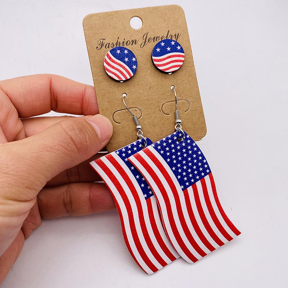 Wholesale Independence Day American Flag Leather Earrings Stud Set
